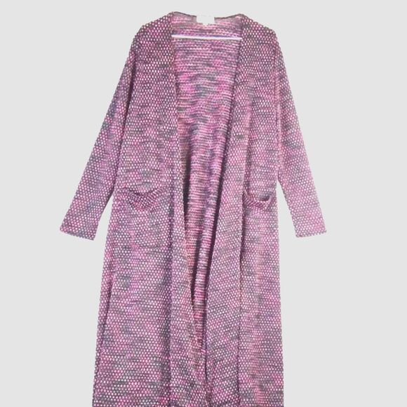 Pink Black Knit Duster Women's M Long Sleeve Slub Texture Pockets - Picture 2 of 7